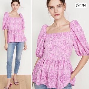 NWT- STINE GOYA Pink Snake-Print Square-Neck Peplum Blouse